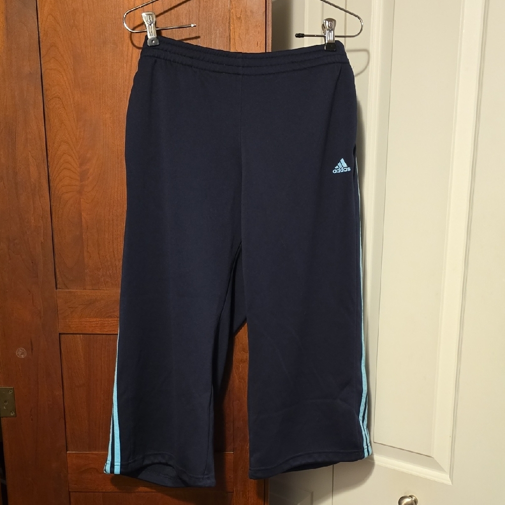 Adidas Women's Dark Blue Joggers with Light Blue Stripes